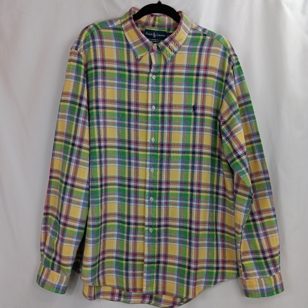 RALPH LAUREN Men's Custom Fit Plaid Oxford Shirt Yellow/Green Multicolor XL